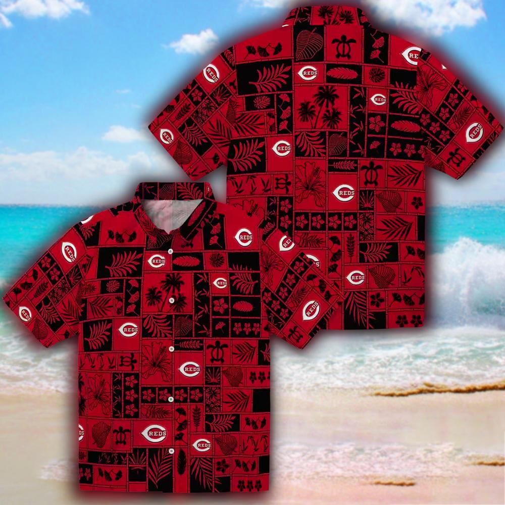 Cincinnati Reds Hawaiian Shirt Tropical Patchwork Red Black Design Cincinnati Reds Hawaiian Shirt Tropical Patchwork Red Black Design