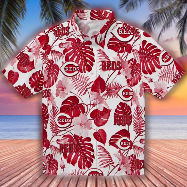 Cincinnati Reds Hawaiian Shirt Tropical Plants Red White Design 1