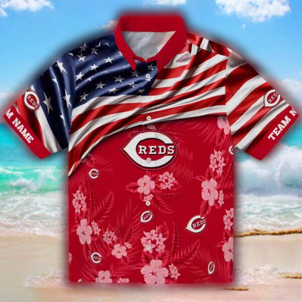 Customized Cincinnati Reds Hawaiian Shirt US Flag Hibiscus Red 1