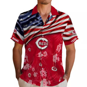 Customized Cincinnati Reds Hawaiian Shirt US Flag Hibiscus Red 2