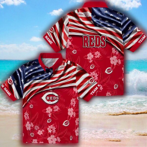 Customized Cincinnati Reds Hawaiian Shirt US Flag Hibiscus Red 3