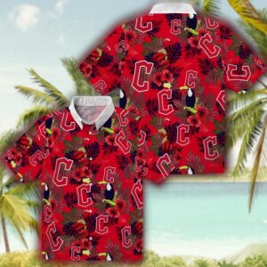 Cleveland Guardians Floral Toucan Hawaiian Shirt Navy Red 3