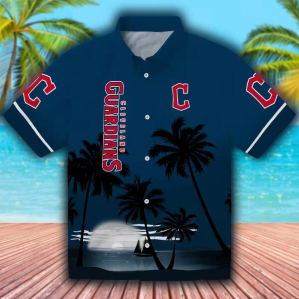 Cleveland Guardians Hawaiian Shirt Navy Blue Black Beach Sunset Design 1