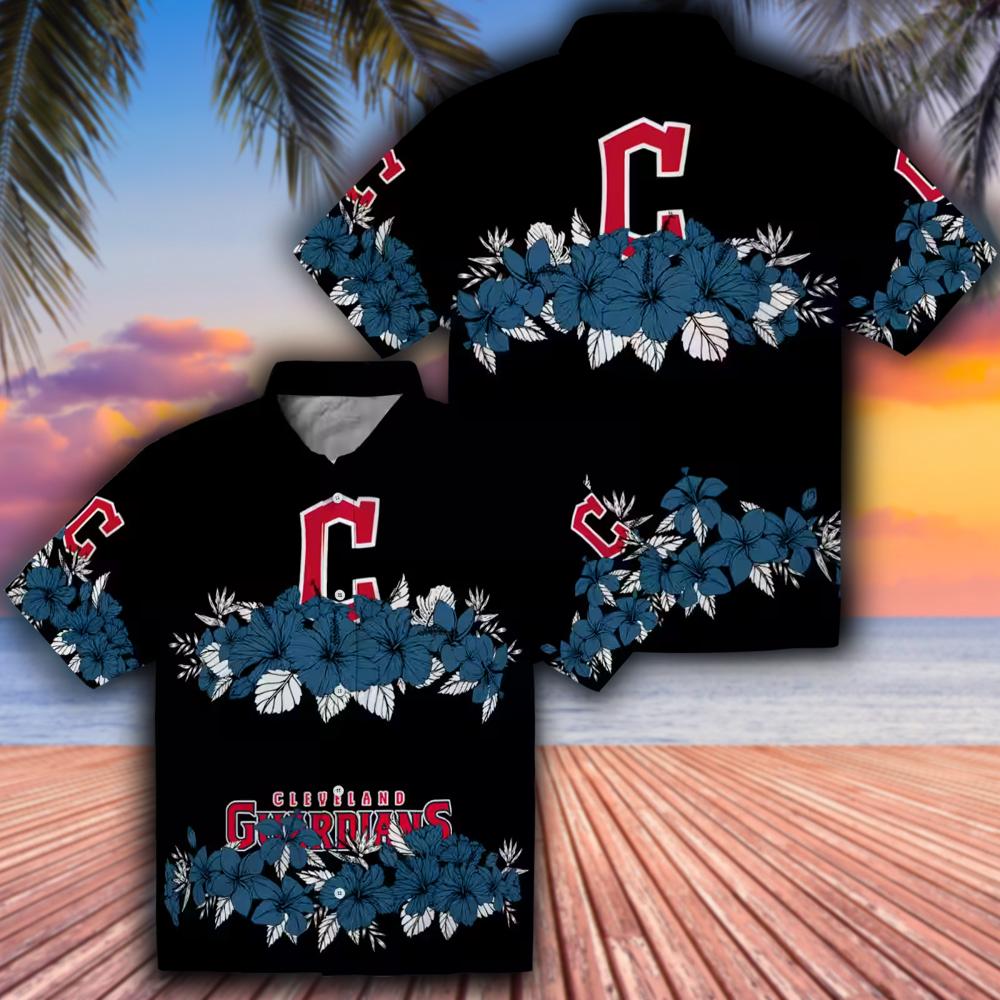Cleveland Guardians Hawaiian Shirt Navy Blue Black Hibiscus Stripe Design Cleveland Guardians Hawaiian Shirt Navy Blue Black Hibiscus Stripe Design