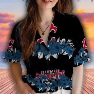 Cleveland Guardians Hawaiian Shirt Navy Blue Black Hibiscus Stripe Design 4