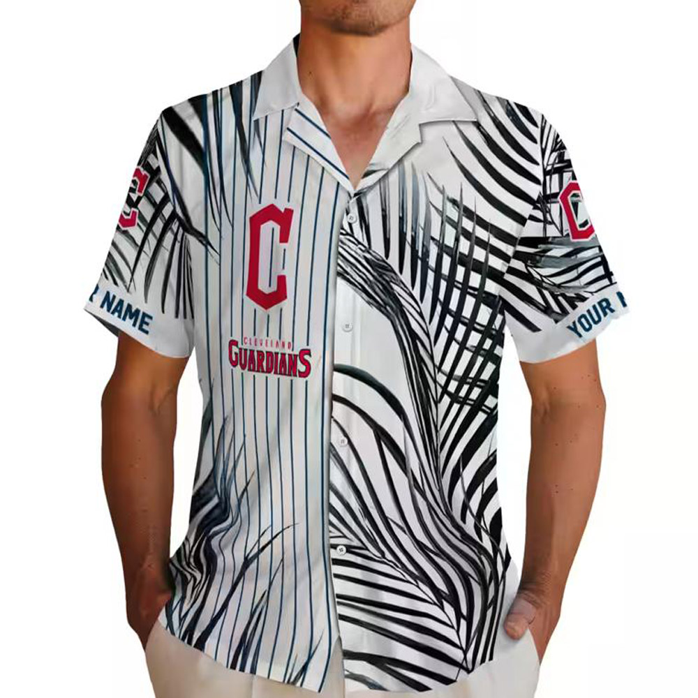 Cleveland Guardians Hawaiian Shirt Navy Blue Black White Palm Stripes Cleveland Guardians Hawaiian Shirt Navy Blue Black White Palm Stripes