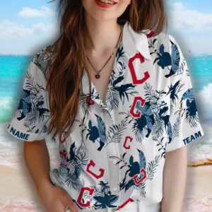 Cleveland Guardians Hawaiian Shirt Navy Blue Botanical Theme Custom Design 4