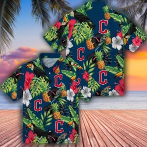 Cleveland Guardians Hawaiian Shirt Navy Blue Green Toucan Hibiscus Pineapple 3