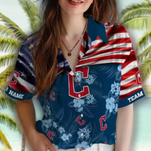 Cleveland Guardians Hawaiian Shirt Navy Blue US Flag Hibiscus Custom 4