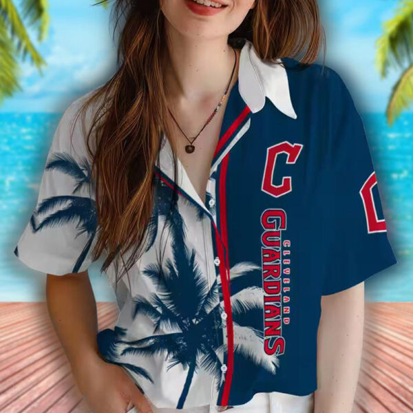 Cleveland Guardians Hawaiian Shirt Navy Blue White Palm Trees Design 4