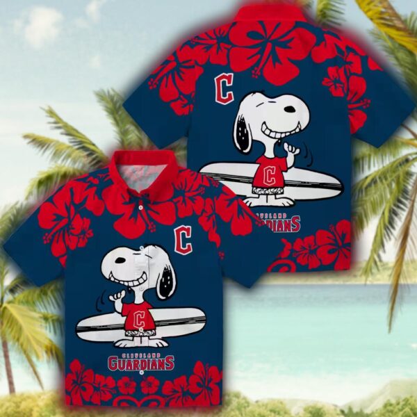 Cleveland Guardians Hawaiian Shirt Snoopy Surf Navy Blue White Design 3