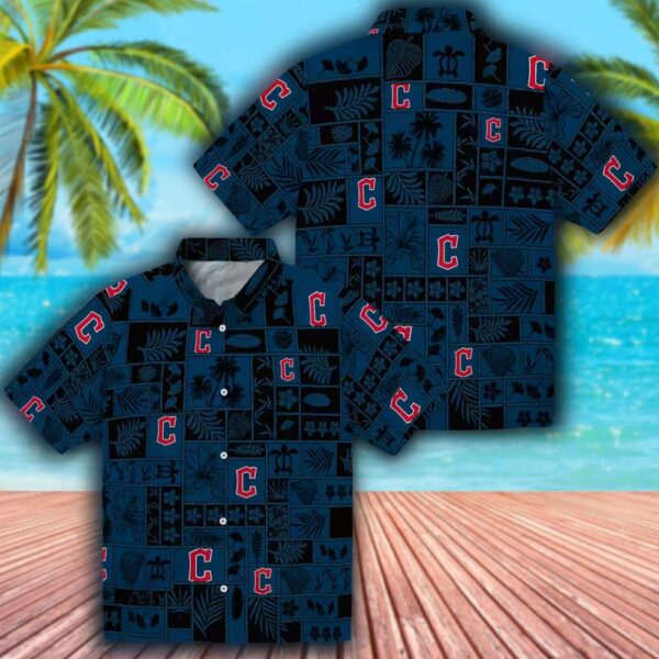 Cleveland Guardians Hawaiian Shirt Tropical Patchwork Navy Blue Black 3