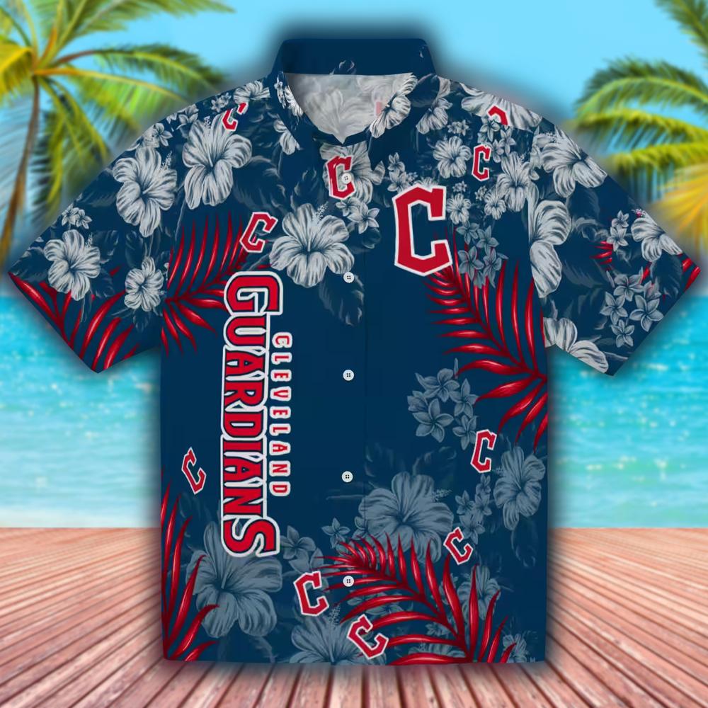 Cleveland Guardians Navy Blue Hibiscus Hawaiian Shirt Cleveland Guardians Navy Blue Hibiscus Hawaiian Shirt