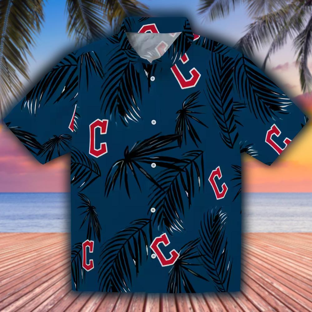 Cleveland Guardians Navy Blue Palm Leaf Hawaiian Shirt Cleveland Guardians Navy Blue Palm Leaf Hawaiian Shirt