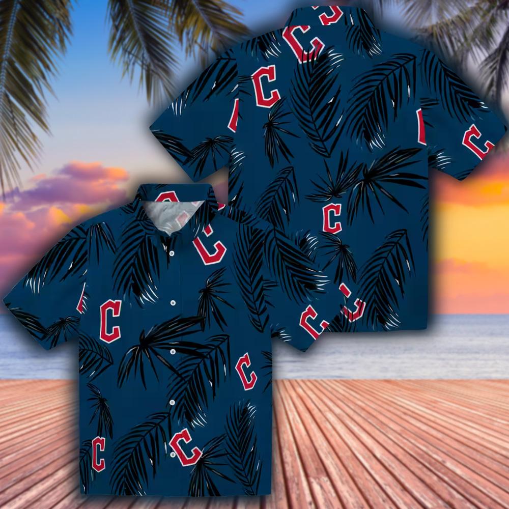 Cleveland Guardians Navy Blue Palm Leaf Hawaiian Shirt Cleveland Guardians Navy Blue Palm Leaf Hawaiian Shirt