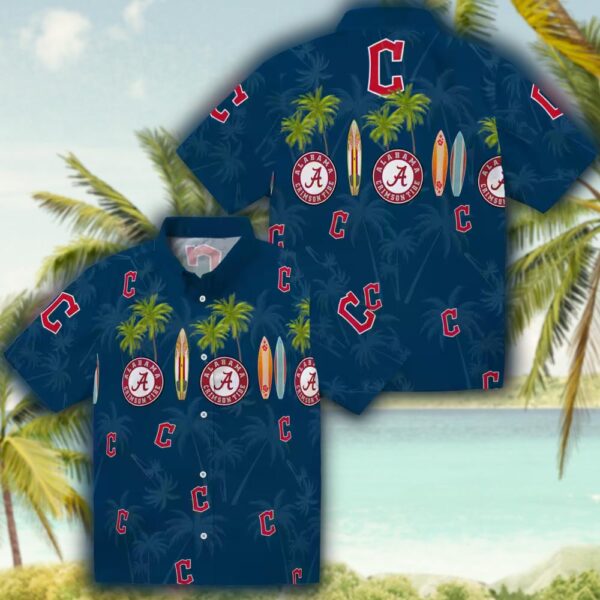 Cleveland Guardians Surfboard Hawaiian Shirt Navy Blue Palm Design 3
