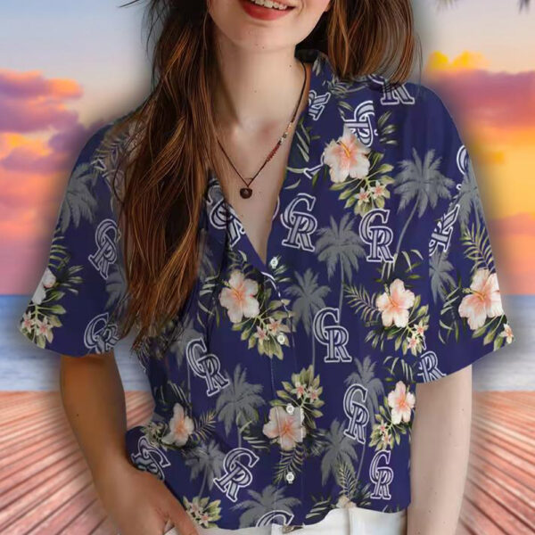 Blue Hawaiian Shirt Colorado Rockies Palm Tree Flower Design 4