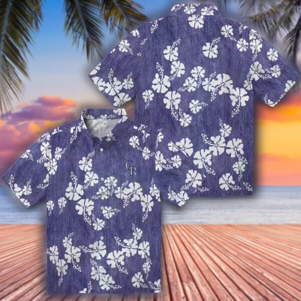 Colorado Rockies Blue Hawaiian Shirt with Hibiscus Clusters 3