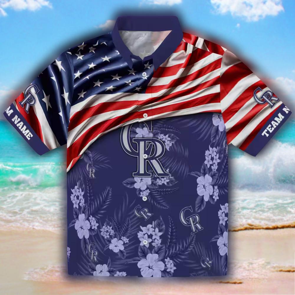 Colorado Rockies Hawaiian Shirt Custom Hibiscus Blue US Flag Design Colorado Rockies Hawaiian Shirt Custom Hibiscus Blue US Flag Design