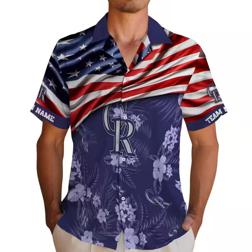 Colorado Rockies Hawaiian Shirt Custom Hibiscus Blue US Flag Design Colorado Rockies Hawaiian Shirt Custom Hibiscus Blue US Flag Design