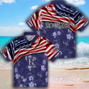 Colorado Rockies Hawaiian Shirt Custom Hibiscus Blue US Flag Design 3