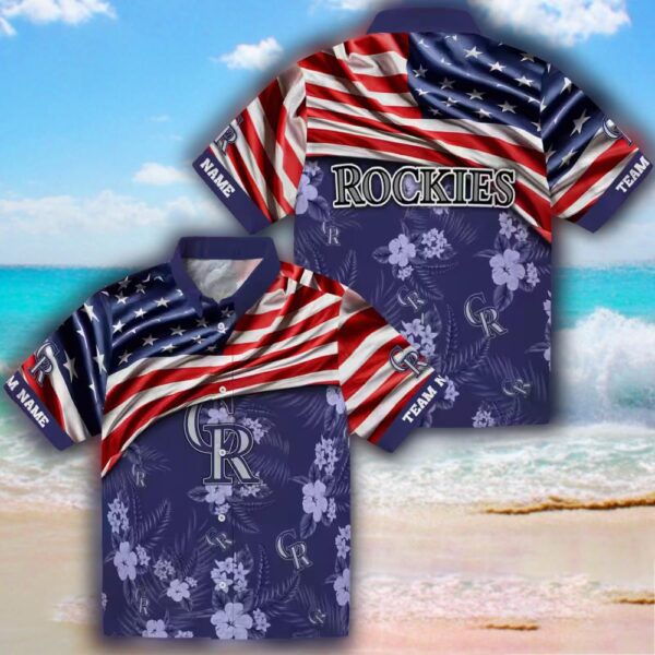 Colorado Rockies Hawaiian Shirt Custom Hibiscus Blue US Flag Design 3