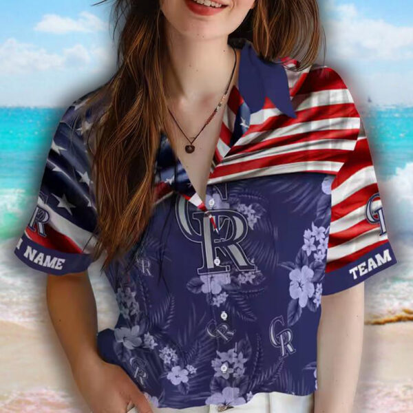 Colorado Rockies Hawaiian Shirt Custom Hibiscus Blue US Flag Design 4
