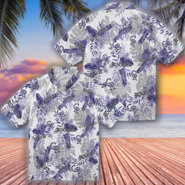 Colorado Rockies Hawaiian Shirt Tropical Leaves Blue White Design 3