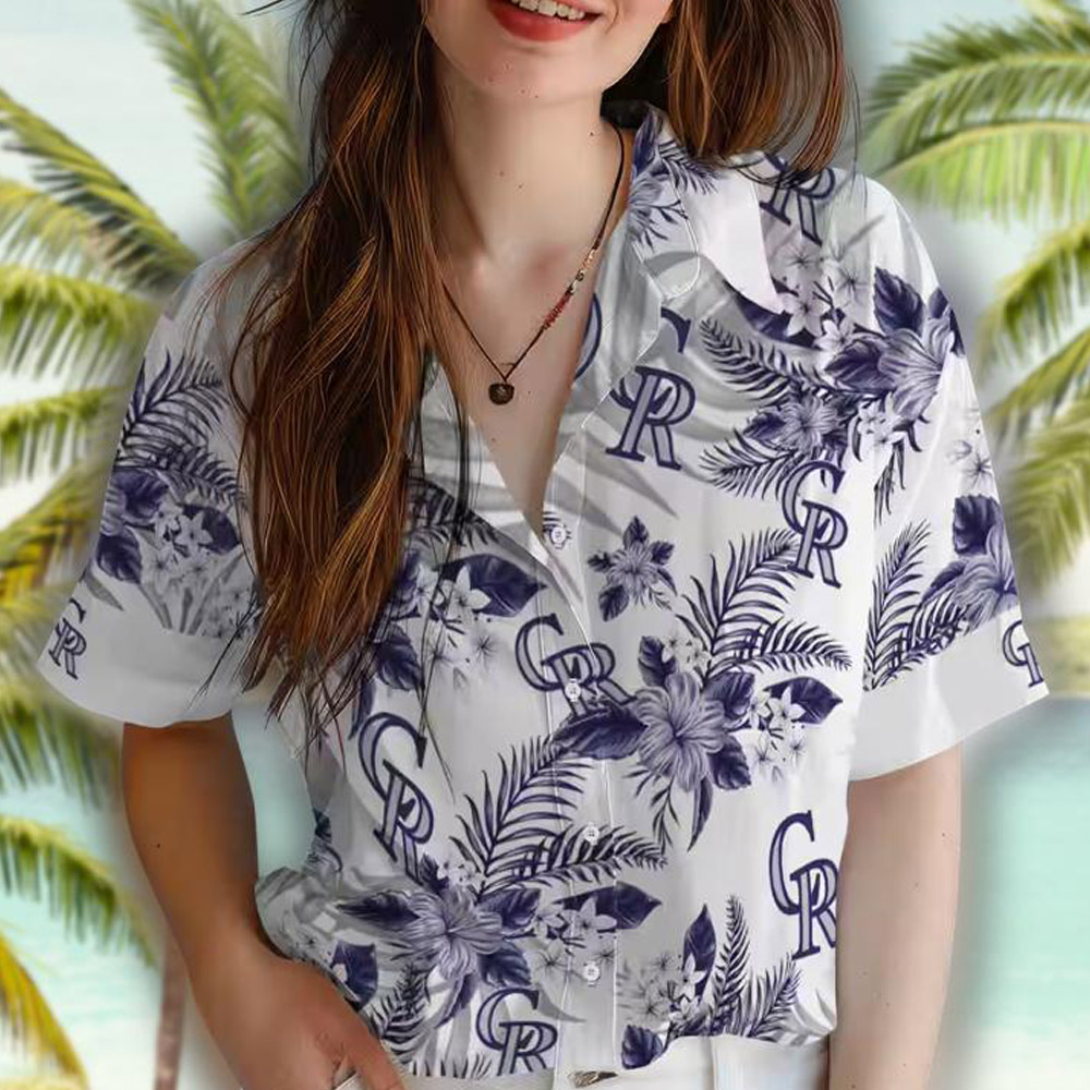 Colorado Rockies Hawaiian Shirt with Hibiscus Palm Leaves Blue White Design Colorado Rockies Hawaiian Shirt with Hibiscus Palm Leaves Blue White Design