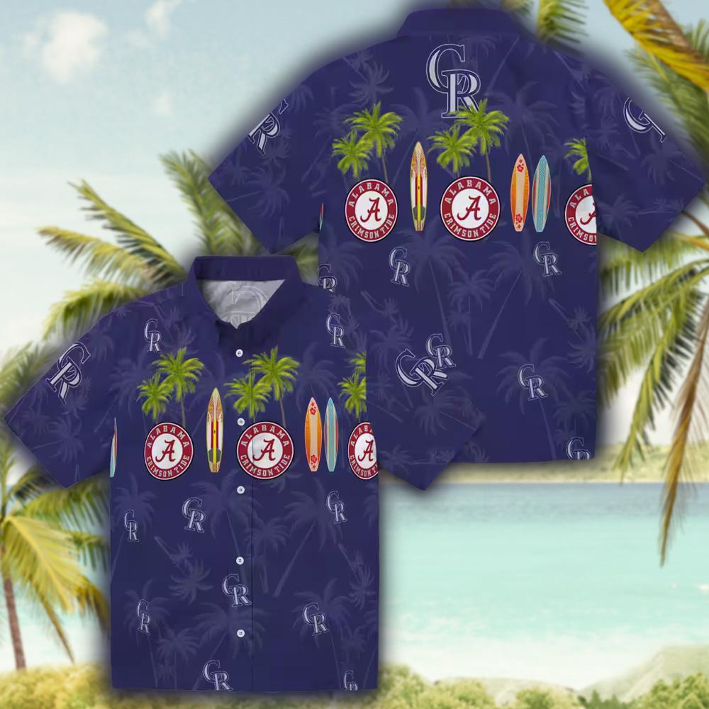 Colorado Rockies Surfboard Blue Hawaiian Shirt Palm Design Colorado Rockies Surfboard Blue Hawaiian Shirt Palm Design