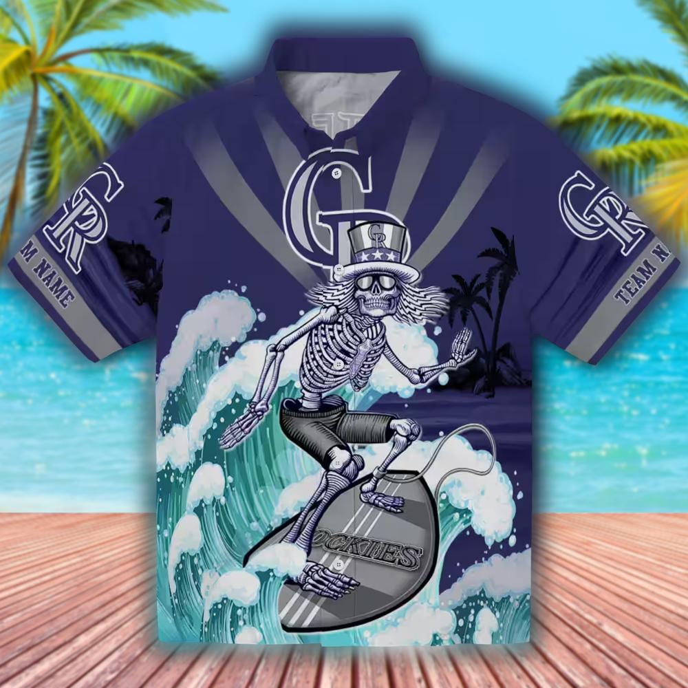 Colorado Rockies Surfing Skeleton Blue Hawaiian Shirt Colorado Rockies Surfing Skeleton Blue Hawaiian Shirt