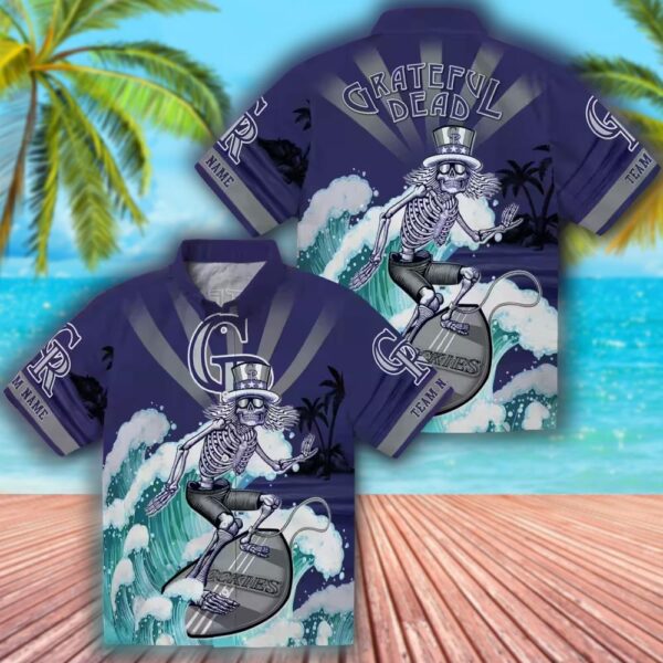 Colorado Rockies Surfing Skeleton Blue Hawaiian Shirt 3