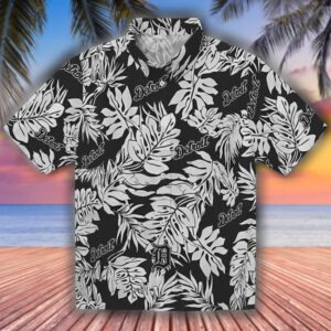 Detroit Tigers Black Hawaiian Shirt with Monstera Leaf Pattern 1