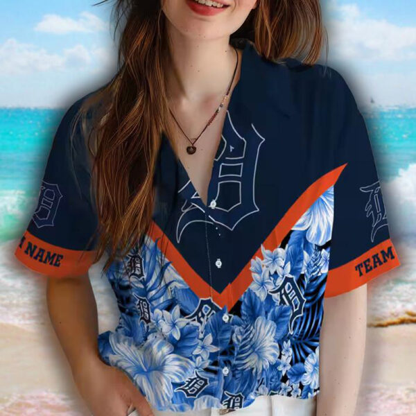 Detroit Tigers Floral Chevron Navy Hawaiian Personalized Shirt 4