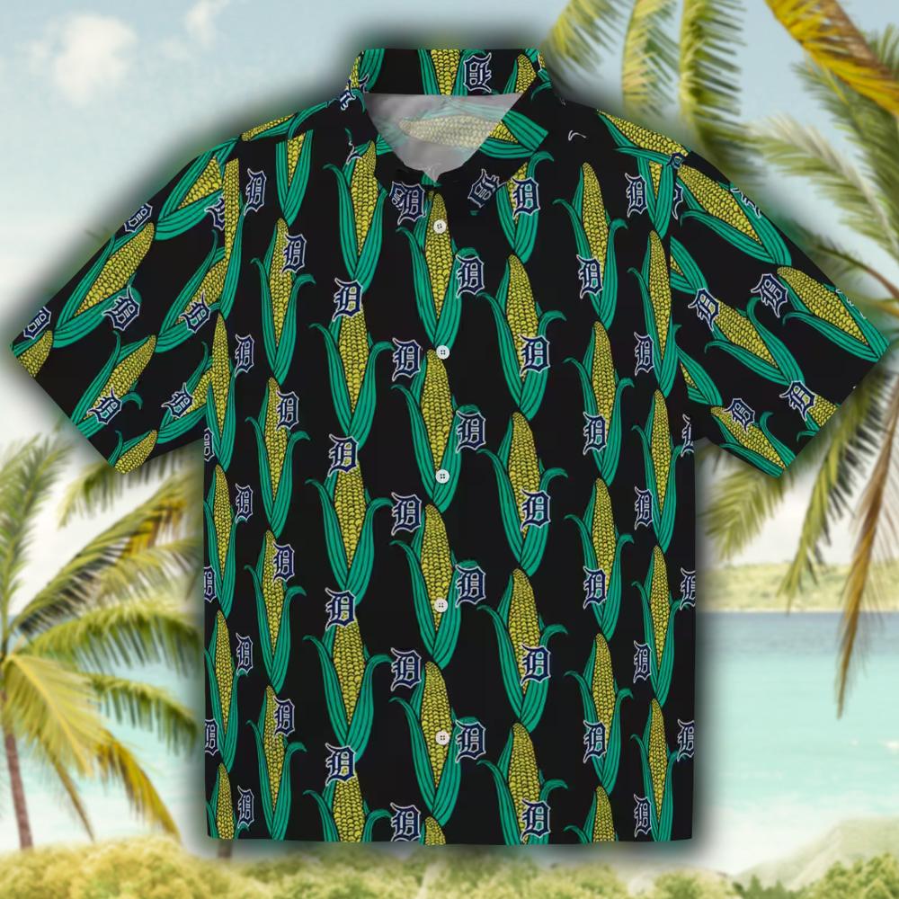 Detroit Tigers Hawaiian Shirt Black Green Corn Motifs Design Detroit Tigers Hawaiian Shirt Black Green Corn Motifs Design