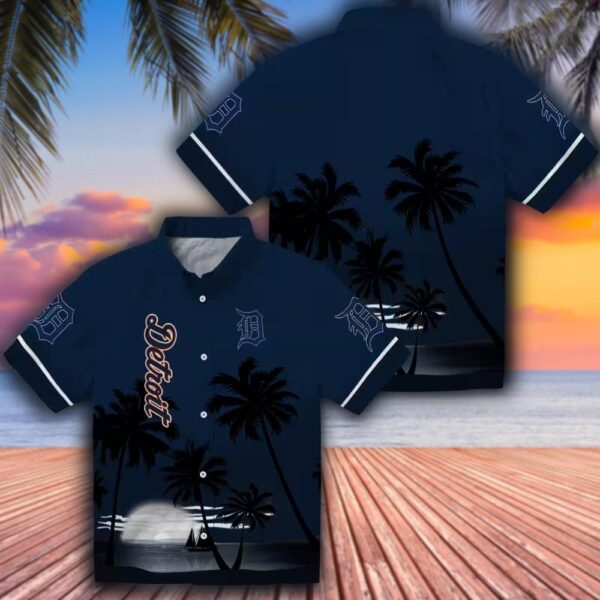 Detroit Tigers Hawaiian Shirt Navy Black Beach Sunset Design 3