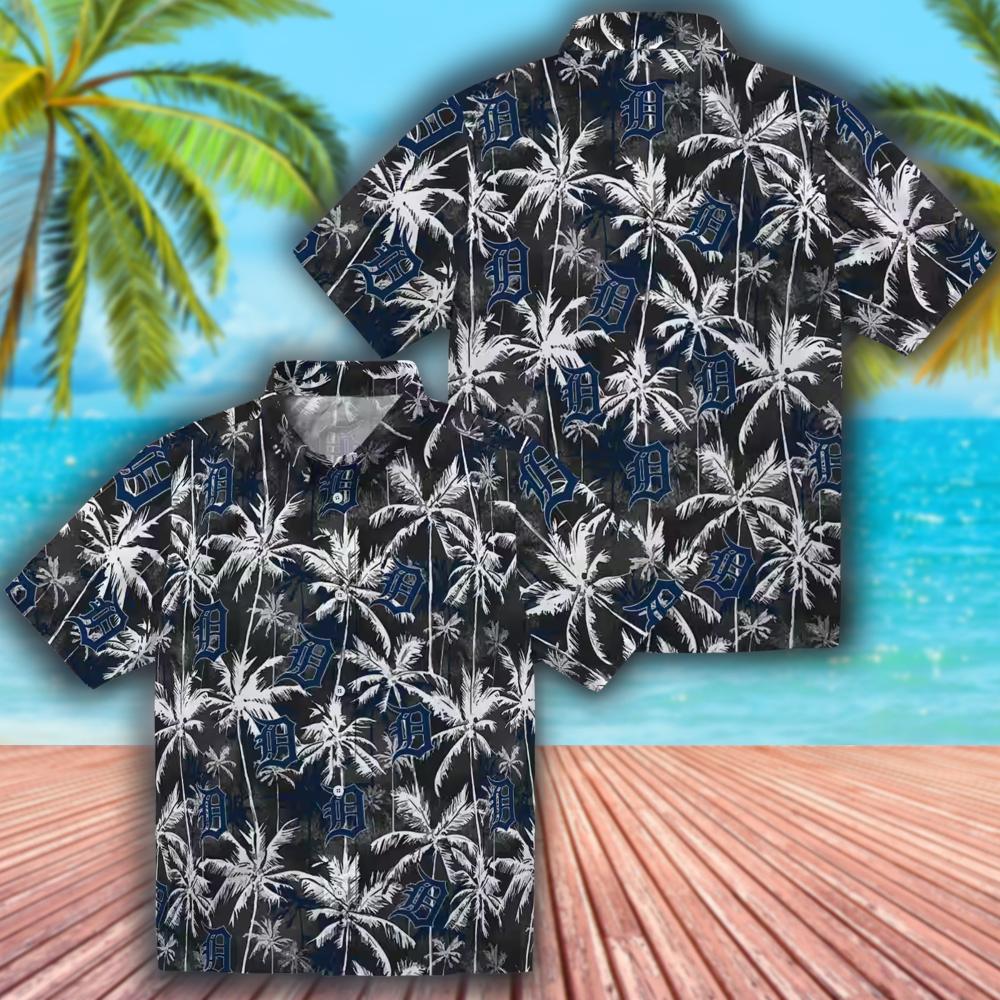 Detroit Tigers Hawaiian Shirt Navy Black Palm Pattern Design Detroit Tigers Hawaiian Shirt Navy Black Palm Pattern Design
