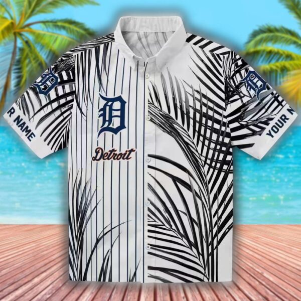 Detroit Tigers Hawaiian Shirt Navy Black White Palm Stripes 1