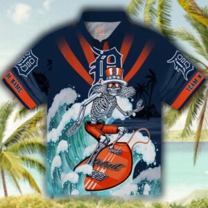 Detroit Tigers Hawaiian Shirt Navy Blue Surfing Skeleton Design 1