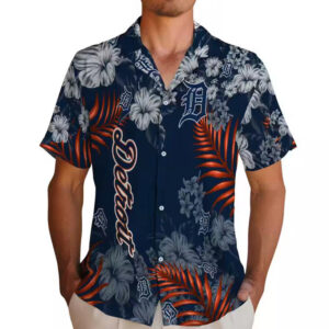 Detroit Tigers Hawaiian Shirt Navy Hibiscus Print Design 2