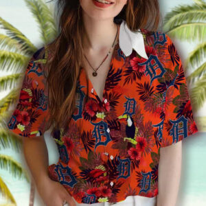 Detroit Tigers Hawaiian Shirt Navy Red Floral Toucan Design 4
