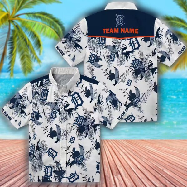 Detroit Tigers Hawaiian Shirt Navy White Botanical Theme Custom Design 3