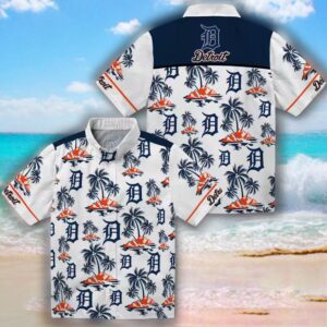 Detroit Tigers Hawaiian Shirt Navy White Palm Island Print 3