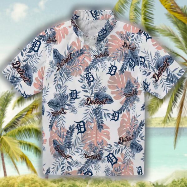 Detroit Tigers Hawaiian Shirt Navy White Tropical Leaves Design 1