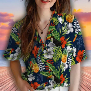 Detroit Tigers Hawaiian Shirt Tropical Toucan Navy Green Personalized Design 4