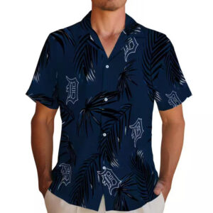 Detroit Tigers Navy Hawaiian Shirt Palm Leaf Design 2