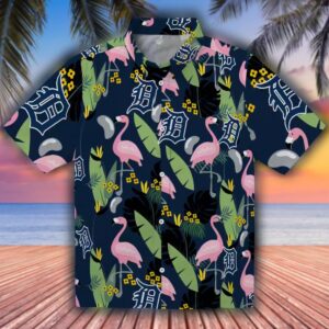 Detroit Tigers Navy Hawaiian Shirt with Flamingo Leaves Design 1