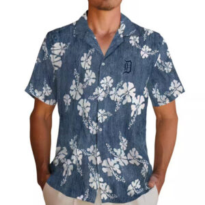 Detroit Tigers Navy Hawaiian Shirt with Hibiscus Clusters 2