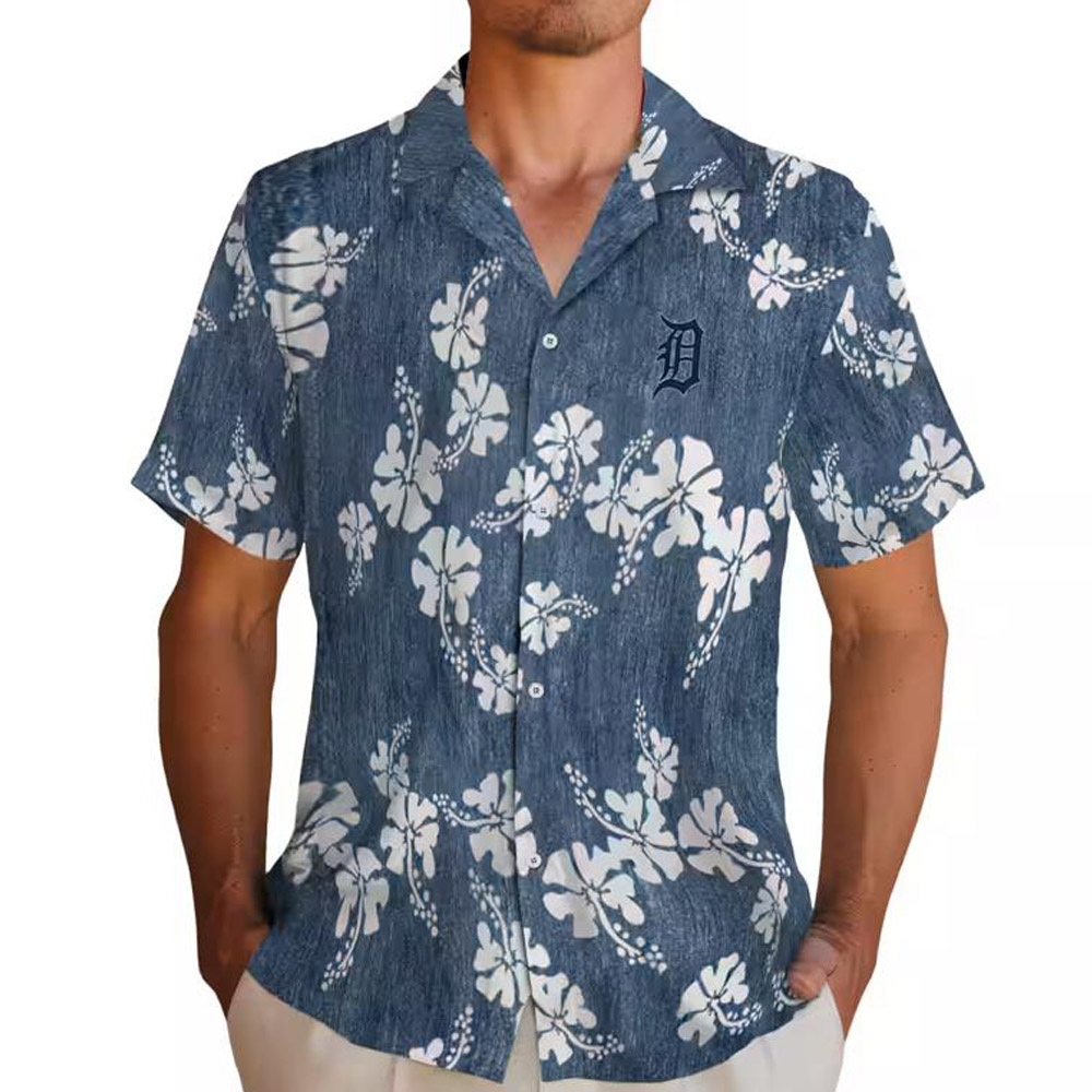 Detroit Tigers Navy Hawaiian Shirt with Hibiscus Clusters Detroit Tigers Navy Hawaiian Shirt with Hibiscus Clusters