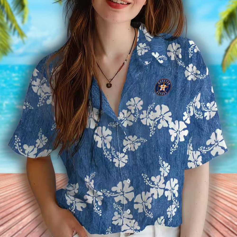 Houston Astros Blue Hawaiian Shirt with Hibiscus Clusters Design Houston Astros Blue Hawaiian Shirt with Hibiscus Clusters Design